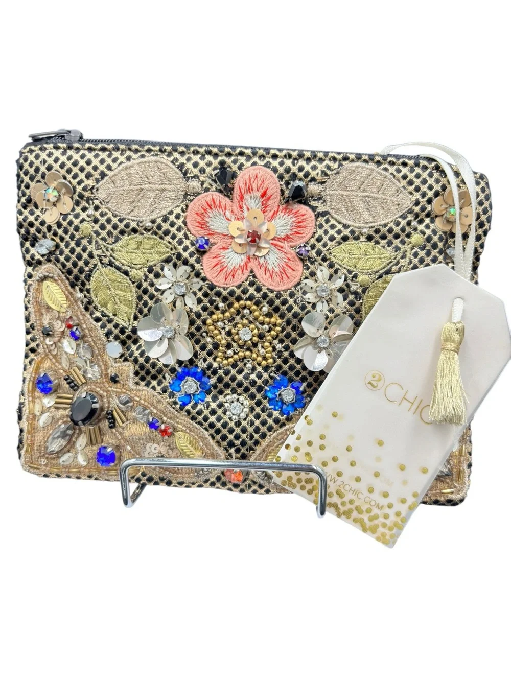 2 Chic NWT Embellished Floral Beaded Sequin Clutch Pouch Black Gold